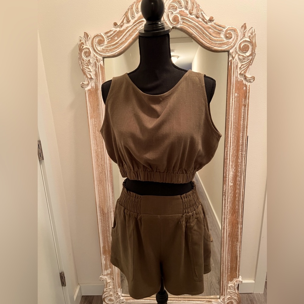 Olive green cotton crop-top and short set.
